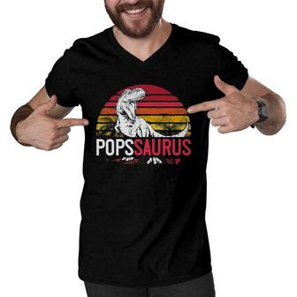 Mens Pops Saurus Father's Day Popssaurusrex Dinosaur Grandpa Men V-Neck Tshirt | Mazezy