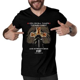 Mens Religious Gifts For Men Dad Lion Cross Christian Fathers Day Men V-Neck Tshirt | Mazezy