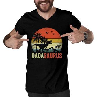 Mens Retro Vintage Dadasaurus 2 Two Kidsrex Daddy Men V-Neck Tshirt | Mazezy
