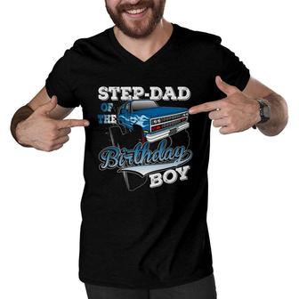 Mens Step-Dad Of The Birthday Boy Monster Truck Birthday Men V-Neck Tshirt | Mazezy