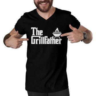 Mens The Grillfather Funny Grilling Grill Father Dad Grandpa Bbq Men V-Neck Tshirt | Mazezy