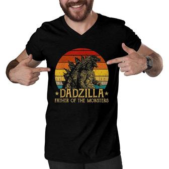Mens Vintage Dadzilla Father Of The Monsters Retro Sunset Men V-Neck Tshirt | Mazezy
