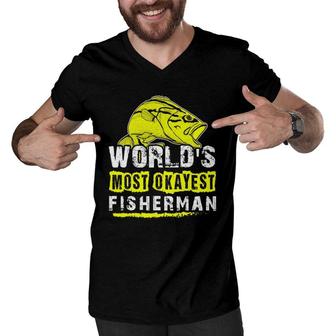 Mens World's Most Okayest Fisherman Best Cool Father Day Gift Tee Men V-Neck Tshirt | Mazezy