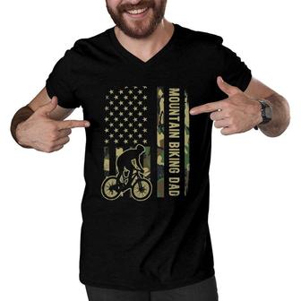Mountain Biking Dad Camouflage American Flag Fathers Day Men V-Neck Tshirt | Mazezy