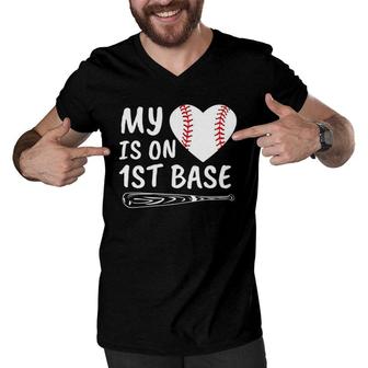 My Heart Is On First Base Baseball Parent Mom Dad Athlete Men V-Neck Tshirt | Mazezy