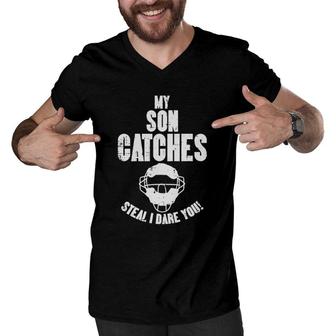 My Son Catches Baseball Catcher Funny Mom Dad Men Women Men V-Neck Tshirt | Mazezy