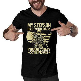 My Stepson Has Your Back Proud Army Stepdad Gift Men V-Neck Tshirt | Mazezy