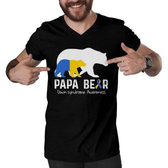 Papa Bear Support Down Syndrome Awareness Father's Day Men V-Neck Tshirt | Mazezy