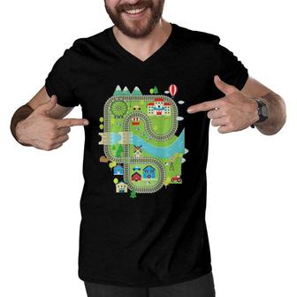 Play Toy Train On Dad's Back Play Mat Train Track Gift For Dad Men V-Neck Tshirt | Mazezy