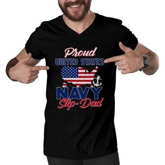Proud Navy Step-Dad Us Flag Family S Army Military Men V-Neck Tshirt | Mazezy