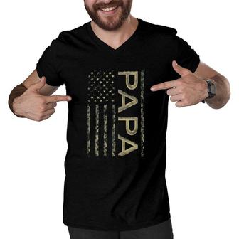 Proud Papa Father's Day Camouflage American Flag 4Th Of July Men V-Neck Tshirt | Mazezy