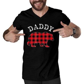 Red Plaid Daddy Bear Buffalo Matching Family Pajama Men V-Neck Tshirt | Mazezy