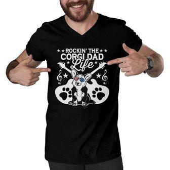 Rockin' The Corgi Dad Life Dog Lover Guitar Musician Men V-Neck Tshirt | Mazezy