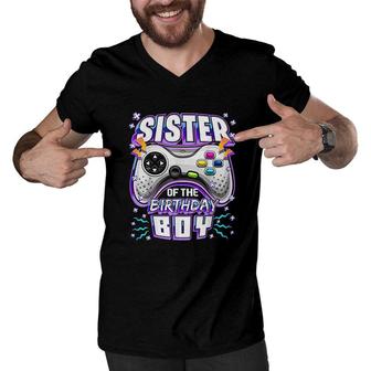 Sister Of The Birthday Boy Matching Video Gamer Party Men V-Neck Tshirt - Seseable