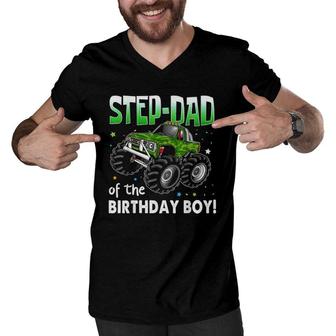 Step-Dad Of The Birthday Boy Monster Truck Birthday Men V-Neck Tshirt | Mazezy