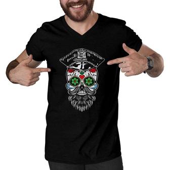 Sugar Skull Gay Daddy Bear & Biker Hat Leather Sugar Skull Men V-Neck Tshirt | Mazezy
