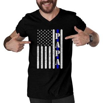 Thin Blue Line Papa Vintage Police American Flag Father's Day Men V-Neck Tshirt | Mazezy