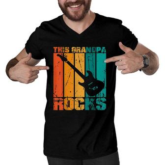 This Grandpa Rocks Design Fathers Day Birthday Guitar Men V-Neck Tshirt | Mazezy