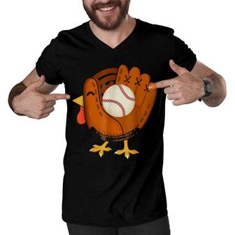Turkey Baseball Glove Thanksgiving Day Catchers Boys Dads Men V-Neck Tshirt | Mazezy