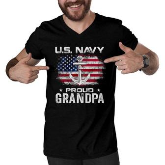 US Navy Proud Grandpa With American Flag Gift Veteran Men V-Neck Tshirt | Mazezy