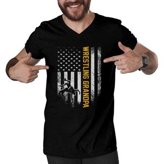 Vintage American Flag Wrestling Grandpa Silhouette Wrestler Men V-Neck Tshirt | Mazezy