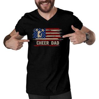 Vintage Cheer Dad American Usa Flag Cheerleading Dance Gift Men V-Neck Tshirt | Mazezy