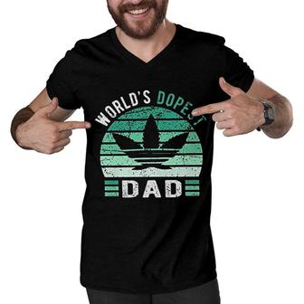 Weed Green Color Worlds Dopest Dad Funny Leaf Gift For Men Women Men V-Neck Tshirt - Seseable