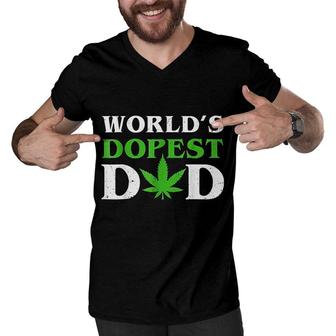 Worlds Dopest Dad Funny Marijuana Weed Leaf Fathers Day Men V-Neck Tshirt - Seseable