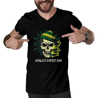 Worlds Dopest Dad Skull Weed Cannabis Fun Fathers Day Bones Men V-Neck Tshirt - Seseable