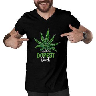 Worlds Green Dopest Dad Cannabis Leaf Weed Marijuana Fathers Day Men V-Neck Tshirt - Seseable