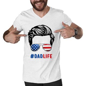 4Th Of July Tee Dad Life Sunglasses American Flag Men V-Neck Tshirt | Mazezy
