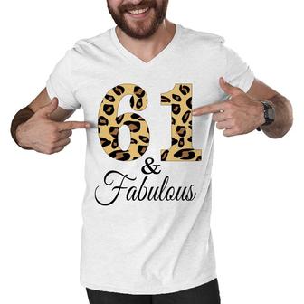 61 And Fabulous Leopard Pattern Happy 61Th Birthday Men V-Neck Tshirt - Seseable