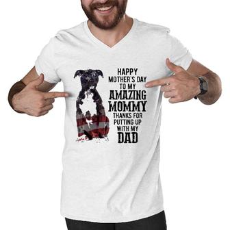 Black American Pitbull Terrier Happy Mother's Day Dog Mom To My Amazing Mommy Thanks For Putting Up With My Dad American Flag Men V-Neck Tshirt | Mazezy