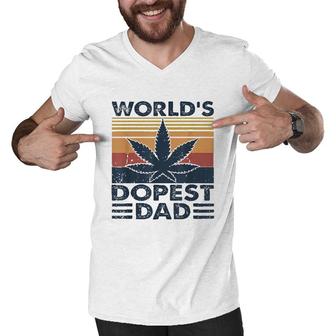 Funny Worlds Dopest Dad Cannabis Marijuana Weed Fathers Day Gift Men V-Neck Tshirt - Seseable