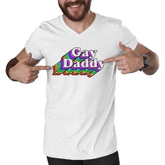 Gay Daddy, Rainbow Pride Retro Lgbtq Men V-Neck Tshirt | Mazezy