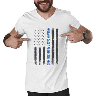 Mens Husband Daddy Protector Hero Fathers Day Thin Blue Line Flag Men V-Neck Tshirt | Mazezy