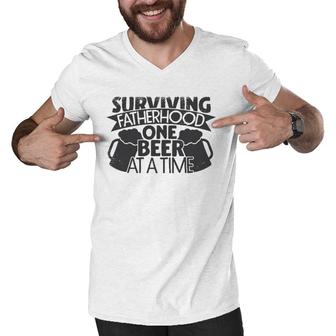 Mens Surviving Fatherhood One Beer At A Time Gift Dad Papa Men V-Neck Tshirt | Mazezy