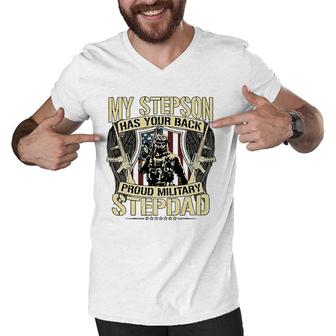 My Stepson Has Your Back Proud Military Stepdad Army Gift Men V-Neck Tshirt | Mazezy
