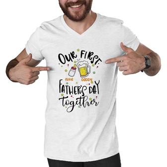Our First Father's Day Together Daddy Olivia Feeding Bottle & Beer Glass Personalized Men V-Neck Tshirt | Mazezy