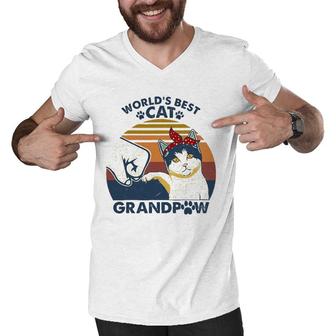 World's Best Cat Grandpaw Vintage Grandpa Cat Lover Men V-Neck Tshirt | Mazezy