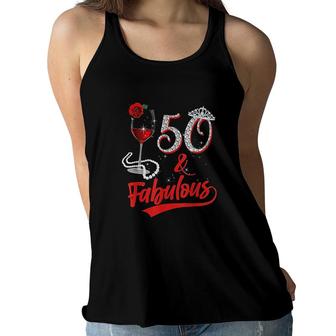 50 And Fabulous Queen Happy Birthday 50th Rose Red Wine Women Flowy Tank - Seseable