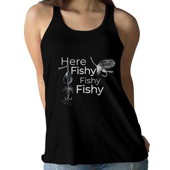 Here Fishy Funny Fishermens Fish Women Flowy Tank - Seseable