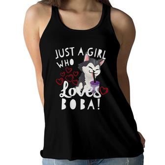 Just A Girl Who Loves Boba Tea Cute Kawaii Husky Puppy Dog Women Flowy Tank | Mazezy