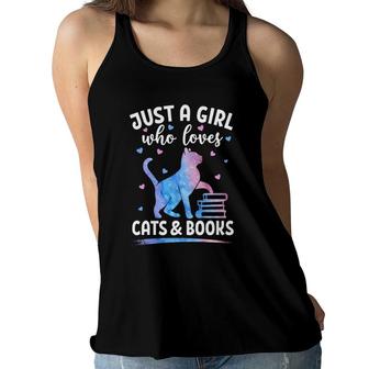 Just A Girl Who Loves Cats & Books Watercolor Cat Book Lover Women Flowy Tank | Mazezy