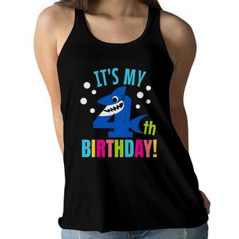 Kids 4 Years Old 4Th Shark Party Birthday Baby Gift Girls And Boys Women Flowy Tank | Mazezy