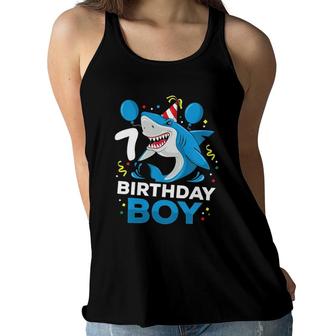 Kids 7Th Birthday Boy Shark Ocean Theme Party 7 Years Old For Boy Women Flowy Tank | Mazezy