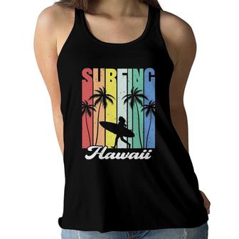 Surfing Hawaii Hawaiian Island Surfer Girl Palm Tree Rainbow Women Flowy Tank | Mazezy