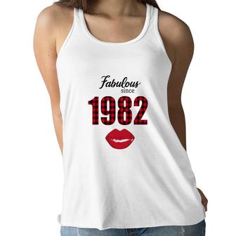 Fabulous Since 1982 Black Red Plaid Lips Happy 40Th Birthday Women Flowy Tank - Seseable
