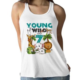 Kids Young Wild And 7 - 7Th Birthday Safari Zoo Animal Jungle Women Flowy Tank | Mazezy