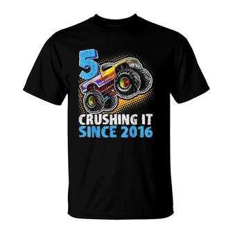 5 Crushing It Since 2016 Monster Truck Boy 5Th Birthday Gift T-Shirt | Mazezy